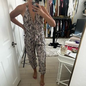 Olivaceous snakeskin print halter jumpsuit